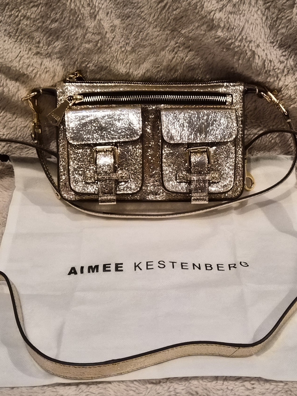 Aimee Metallic Gold  Crossbody with Front Pockets, Shoulder Strap & Dust Bag